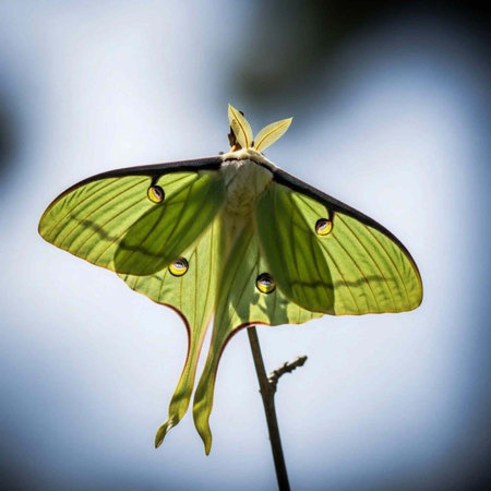 Close-up of a green luna moth with yellow spots and long tails perched on a thin branch against a blurred backgroundの写真素材