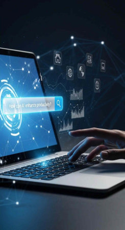 A hand on a laptop keyboard with a search bar and icons floating above the screen in a dark room.の写真素材