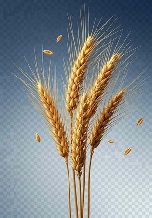 Image of wheat stalks with flying grains set against a blue gradient background with a transparent overlay effectの写真素材
