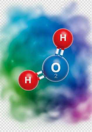 Illustration of a water molecule with two hydrogen atoms and one oxygen atom on a vibrant, multicolored backgroundの写真素材