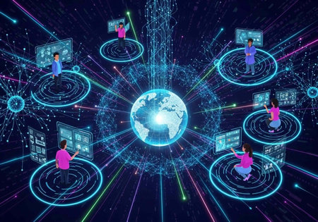 Illustration of people on circular platforms around the Earth, surrounded by neon lines, data visualizations, and screensの写真素材