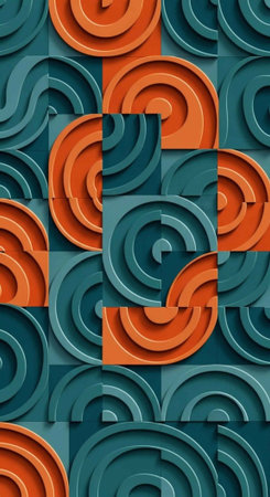 Teal and orange 3D spirals arranged in a geometric pattern on a square background with circles and squaresの写真素材