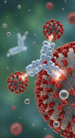 Close-up of a virus with red spikes and gray surface, interacting with blue antibodies, surrounded by similar particles and bubbles.の写真素材