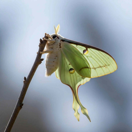 A luna moth rests on a thin branch with its large, pale green wings spread open, showcasing eye spots.の写真素材