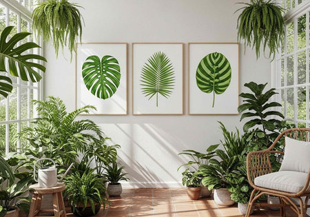A serene indoor space filled with various green plants, a wicker chair, and framed leaf artwork on a white wallの写真素材