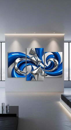 A modern room with a large abstract art piece, blue and silver swirls, white walls, recessed lighting, and minimalist furnitureの写真素材