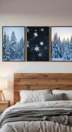 A serene bedroom with a wooden bed, snowy landscape paintings, and a nightstand with a lampの写真素材