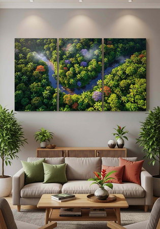 A serene living room with a large forest triptych, beige couch, wooden furniture, and lush green plantsの写真素材