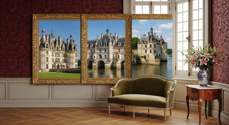Luxurious room with red wallpaper, large window, green velvet sofa, and triptych artwork of castle by waterの写真素材