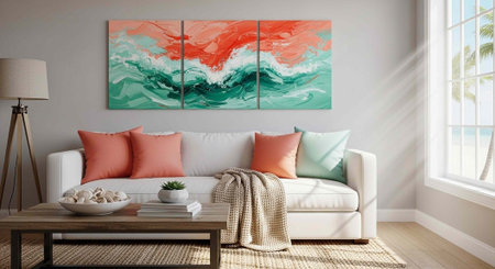 A serene living room with a white couch, vibrant pillows, and a triptych abstract painting above itの写真素材