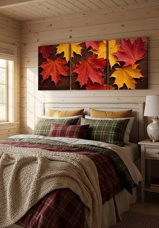 A warm and inviting bedroom with plaid bedding, wooden walls, and a triptych of colorful autumn leaves above the bedの写真素材
