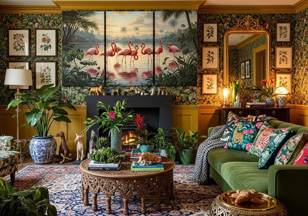 Cozy living room with green velvet sofa, floral pillows, and eclectic decor including a large tropical painting and plants.の写真素材