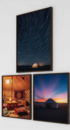 Collage of three framed photos showcasing a yurt interior, sunset, and starry night skyの写真素材