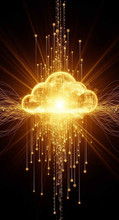 A bright golden cloud shape radiates light and energy with particles and lines on a dark backgroundの写真素材