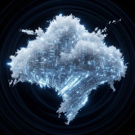 A futuristic cloud computing concept with glowing white clouds and circuit board elements on a dark backgroundの写真素材
