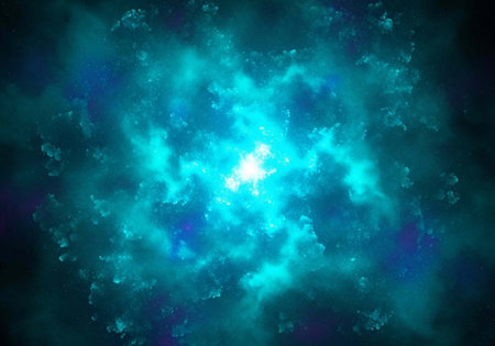 A bright turquoise nebula glows with a radiant center, surrounded by swirling clouds of gas and dust in a dark spaceの写真素材