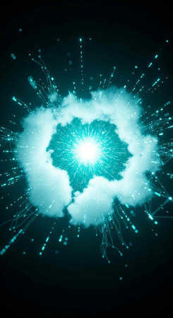 A bright blue and white light explodes with radiating lines and particles against a dark background, creating a dynamic visual effect.の写真素材