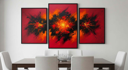 Modern dining room with abstract art, white chairs, wooden table, and decorative centerpiece on a plain white wallの写真素材