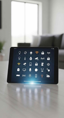 A tablet displaying a smart home app on a modern coffee table in a living roomの写真素材