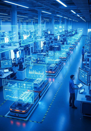 A futuristic factory with a worker standing in front of a workstation with holographic displaysの写真素材