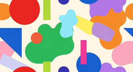 A colorful abstract illustration featuring various shapes and vibrant hues on a cream backgroundの写真素材