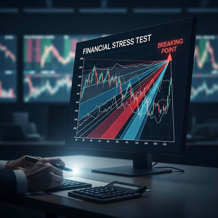 A person analyzing a financial stress test graph on a computer screen in a dark roomの写真素材