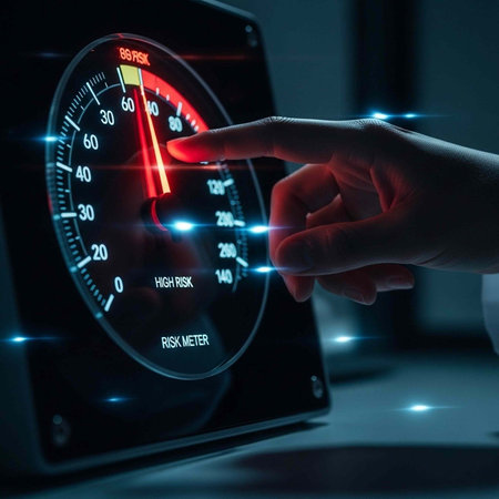 A hand points to a risk meter with a red needle indicating high risk levels and glowing blue lightsの写真素材