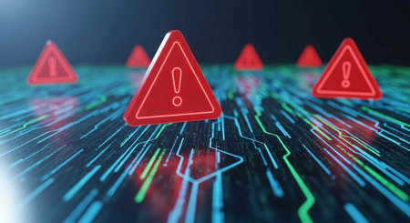 Red warning signs with exclamation marks on a circuit board with neon blue, green, and red linesの写真素材