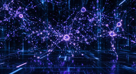 A futuristic digital space with vibrant purple network connections, glowing nodes, and lines on a dark blue backgroundの写真素材