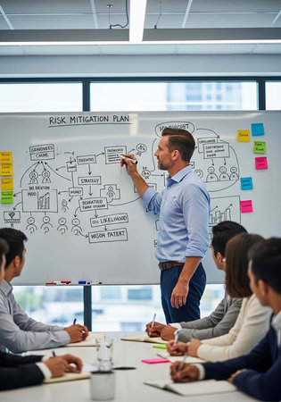 A man presenting a risk mitigation plan to a group of colleagues in a meetingの写真素材