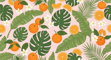 A vibrant illustration of tropical leaves and oranges on a pink backgroundの写真素材