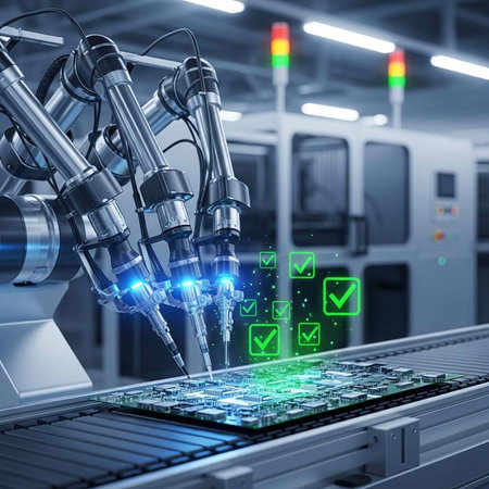 A robotic arm assembles a circuit board in a modern factory with quality control checksの写真素材
