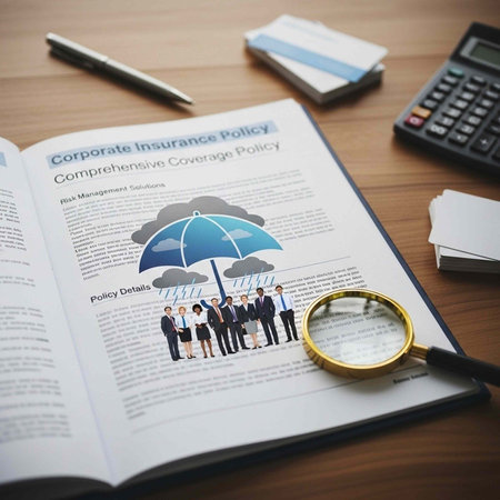 A corporate insurance policy document with a magnifying glass on a wooden deskの写真素材