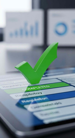 A green checkmark on a tablet screen with graphs and charts in the backgroundの写真素材