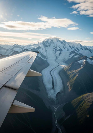 Aerial view of a snow-capped mountain range with a river and airplane wing in the foregroundの写真素材
