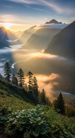 A serene mountain landscape with a river flowing through a valley at sunriseの写真素材