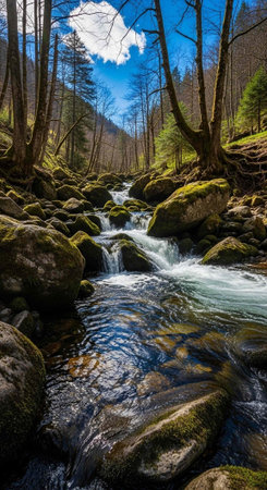 A serene forest stream flows gently over mossy rocks under a blue sky with white cloudsの写真素材