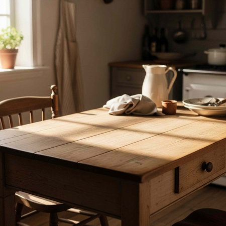 A wooden kitchen table with a pitcher and dishes in a cozy home interiorの写真素材