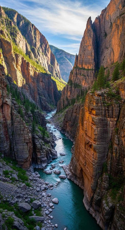 A serene river flows through a deep canyon surrounded by rocky cliffs and lush greenery under a blue skyの写真素材