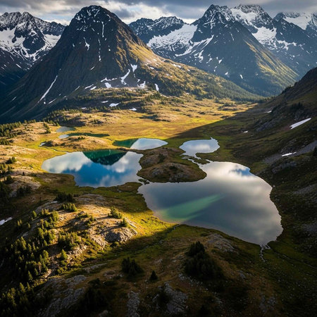 A serene mountain landscape with snow-capped peaks and calm lakes reflecting the skyの写真素材