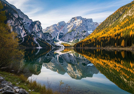A serene mountain lake reflects the surrounding landscape on a calm day with snow-capped peaksの写真素材