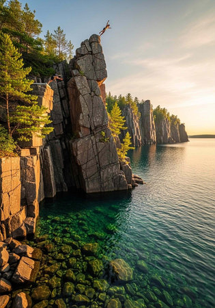 A serene landscape of rocky cliffs surrounded by clear water and trees at sunsetの写真素材