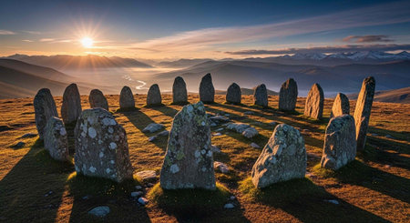 A serene landscape of ancient stone monuments at sunset with mountains in the backgroundの写真素材