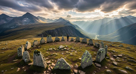 A person stands in a stone circle on a mountain top at sunrise with a breathtaking viewの写真素材