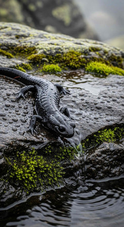 A small black salamander sits on a mossy rock near water in a natural environmentの写真素材