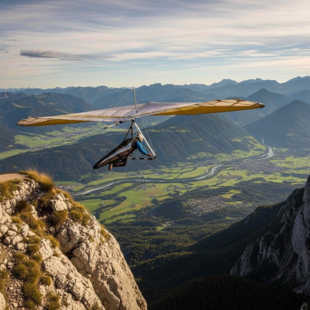 A person hang gliding over a scenic mountain landscape with a valley belowの写真素材