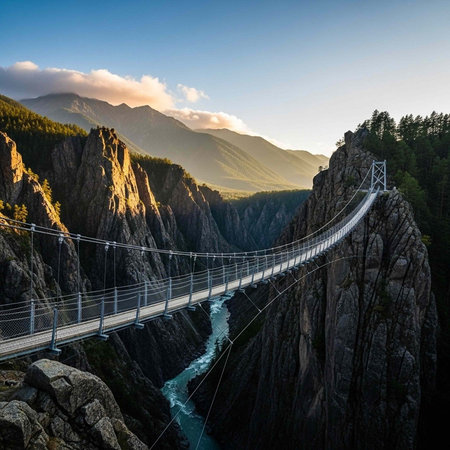 A suspension bridge spans a deep canyon with a river flowing through it surrounded by mountainsの写真素材