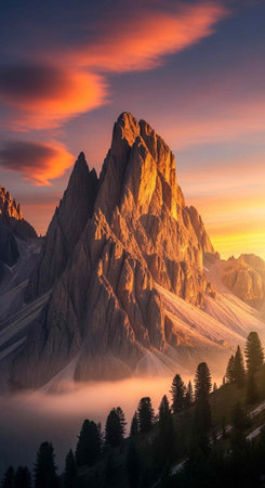 A serene mountain landscape at sunset with a majestic rocky peak and trees in the foregroundの写真素材