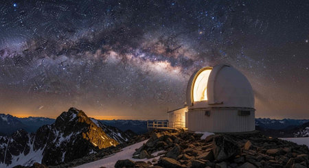A white observatory building stands on a rocky mountain peak under a starry night sky with the Milky Wayの写真素材