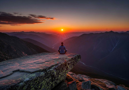 A serene man meditating on a cliff edge during a breathtaking sunset over a mountain rangeの写真素材